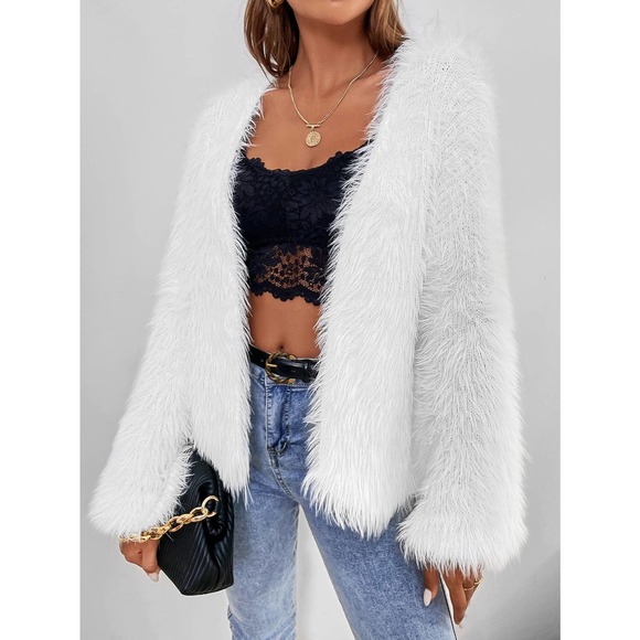 BohoGypsyDreamer.com Sweaters - Drop Shoulder Fluffy Knit sweater Cardigan white